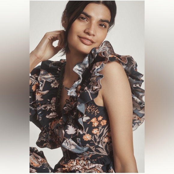 Anthropologie Navy Floral Ruffle A-Line Mini Dress Size L NWT $178 - Picture 4 of 9